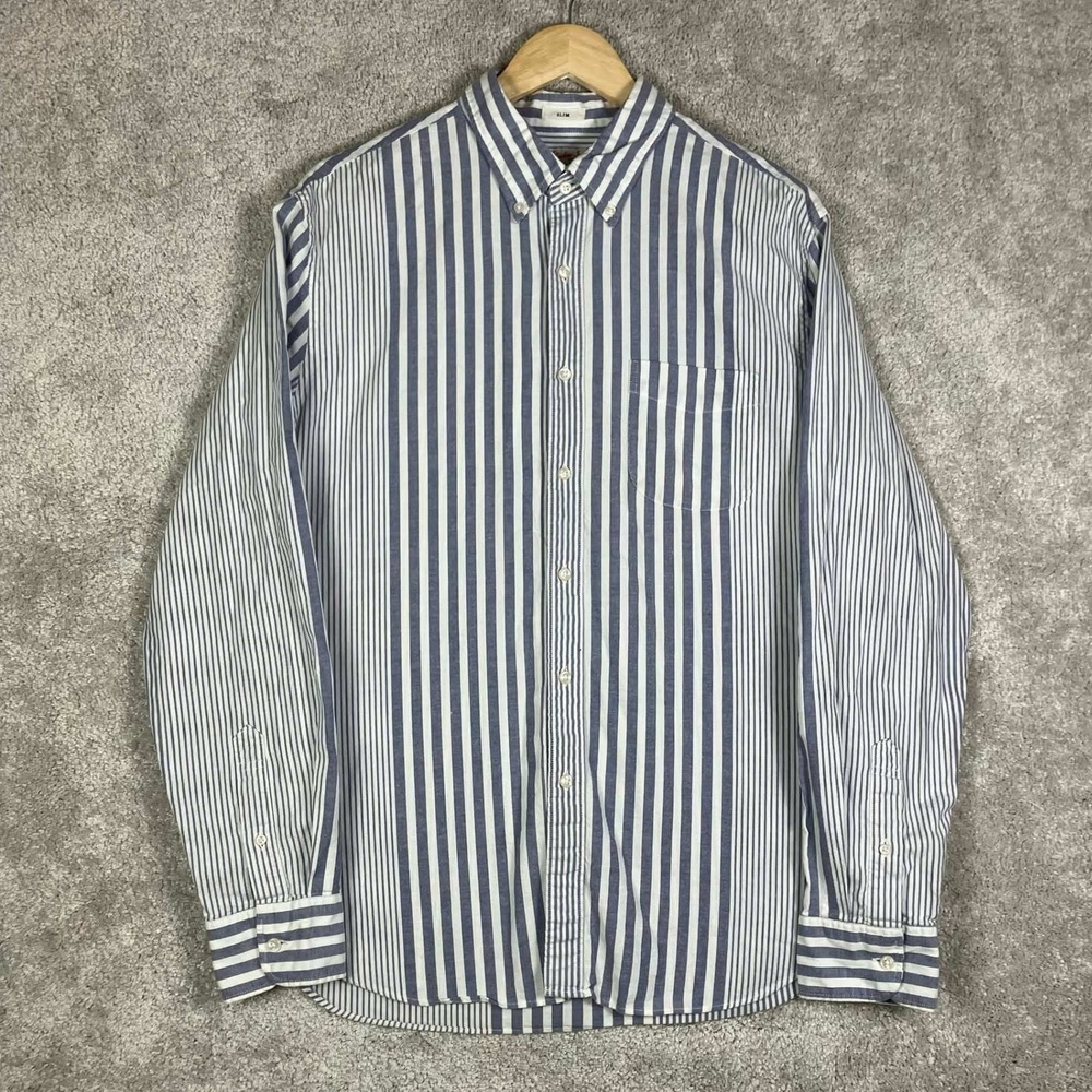 JCrew Broken-In Oxford Shirt Men's Large Blue White Stripe Slim Fit Button Down - Picture 2 of 14
